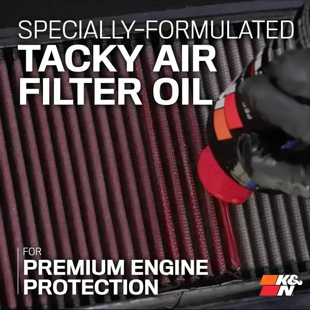 Air filter with text about tacky air filter oil for premium engine protection, featuring K&N logo.