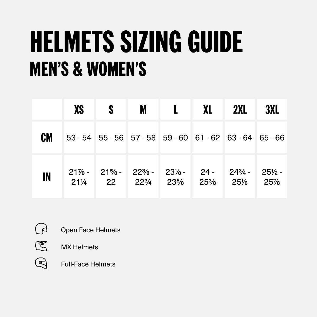 Can-Am helmet sizing guide chart for men and women, XS to 3XL with cm and inch measurements