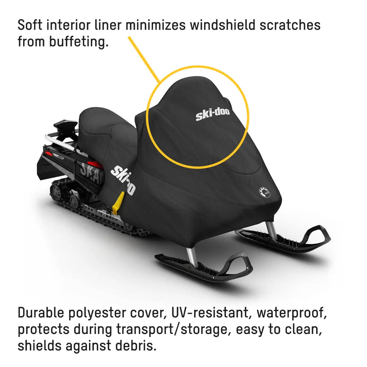 Ski-Doo Intense Rap-Clip REV-XU snowmobile cover, soft interior liner protects the windshield from buffeting