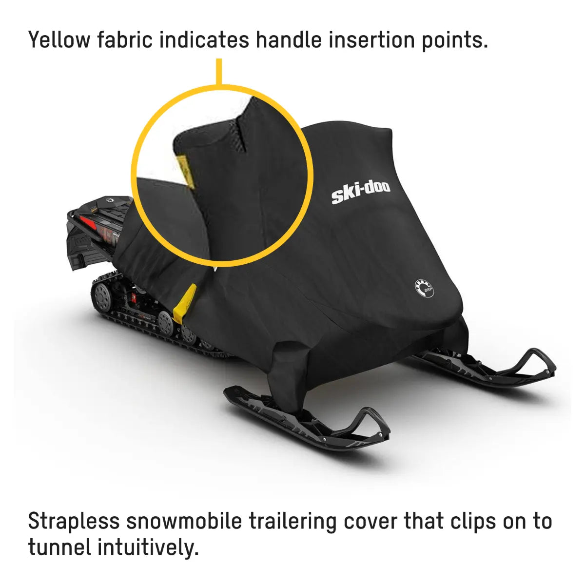 Ski-Doo Intense Rap-Clip snowmobile cover, strap-less design that clips onto the tunnel, yellow handle insertion points