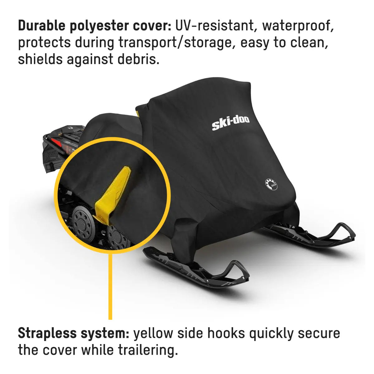 Ski-Doo Intense Rap-Clip snowmobile cover with yellow strap-less side hooks securing it for trailering