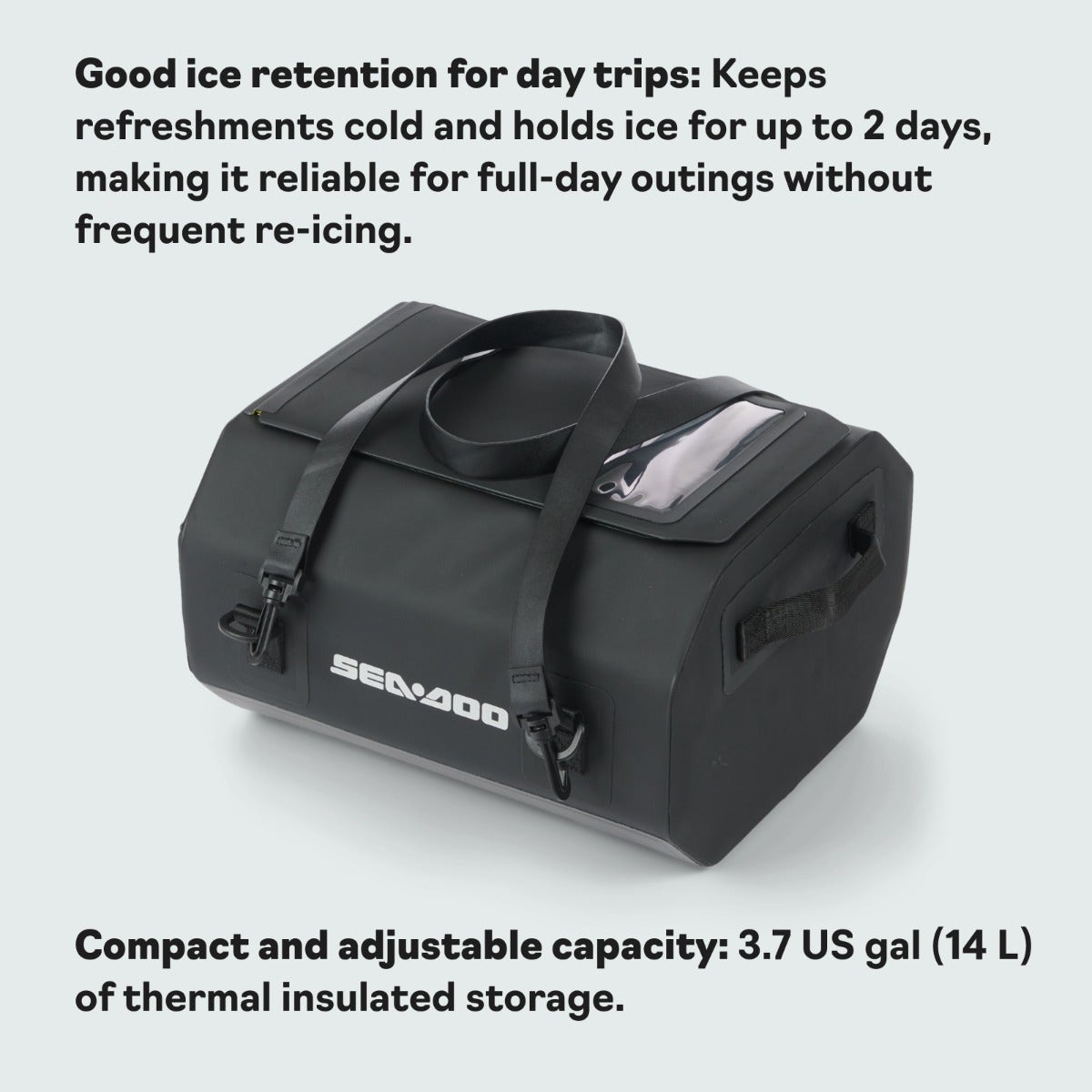 Sea-Doo Cooler Bag infographic: 2-day ice retention and 3.7 US gal capacity