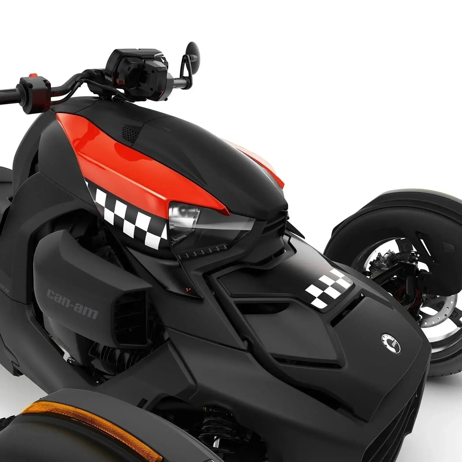 racer red colored panels on Ryker 3 wheel motorcycle on white background