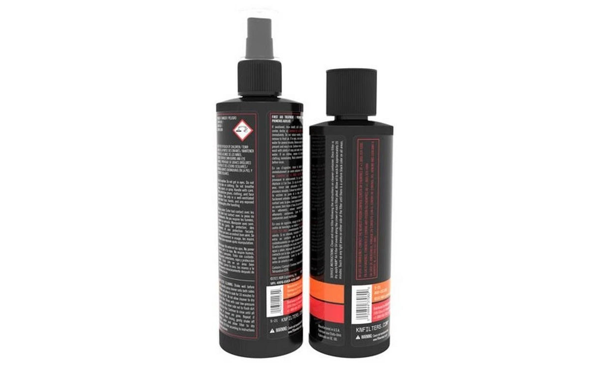 K&N 99-5050BK filter oil and cleaner bottles, back labels