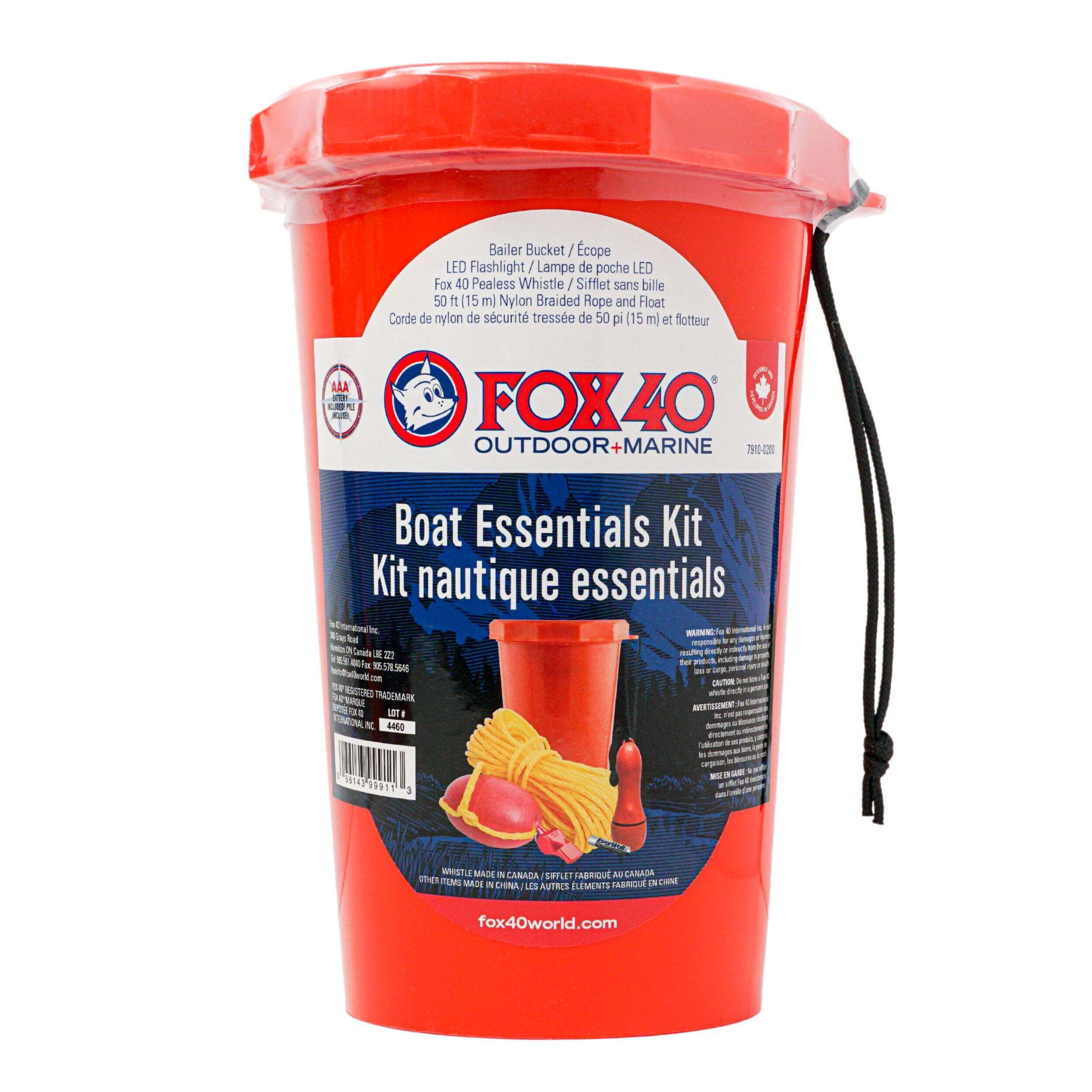 Red container with a label for FOX 40 Boat Essentials Kit on a white background