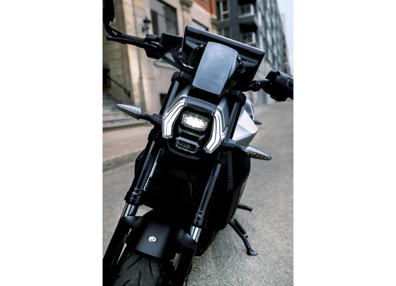 Can-Am Pulse electric motorcycle front view showing LED headlight and front position lamp