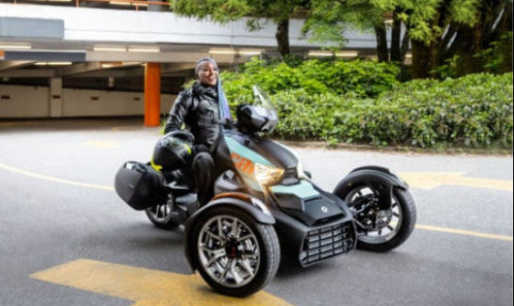 Rider parked on Can-Am Ryker three-wheeler with SHAD 36L hard saddlebag mounted rear