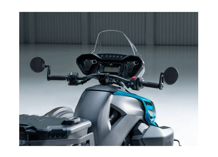 Can-Am Ryker audio system mounted on handlebars with clear windshield and digital display