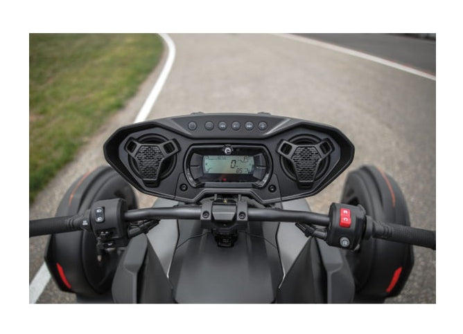 Can-Am Ryker audio system with speaker grilles mounted on handlebar dash gauge cluster