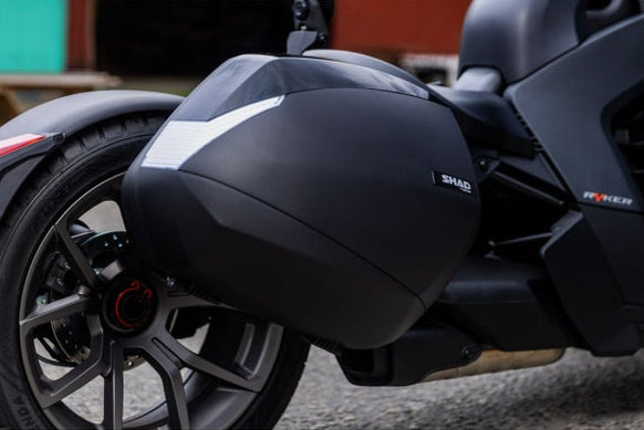 Can-Am Ryker SHAD hard saddlebag 36L mounted on rear wheel, black side view