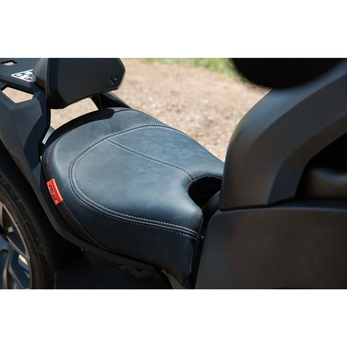 Can-Am Ryker driver comfort seat black stitched close-up on three-wheeler