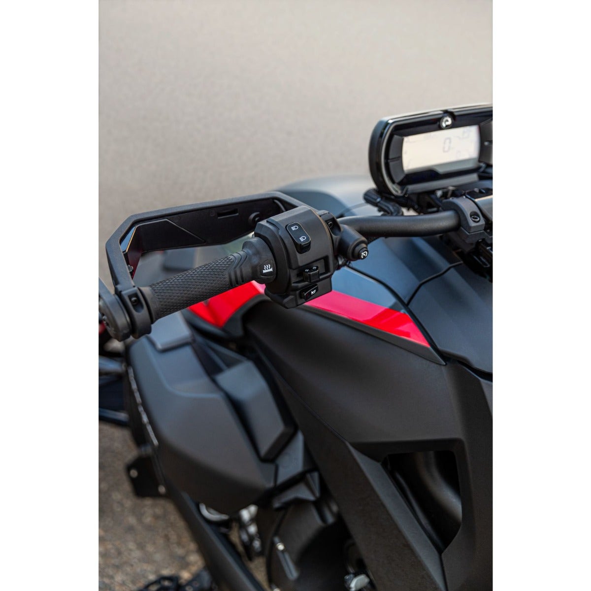 Can-Am Ryker heated driver grip and handlebar controls close-up, 2022 and up models