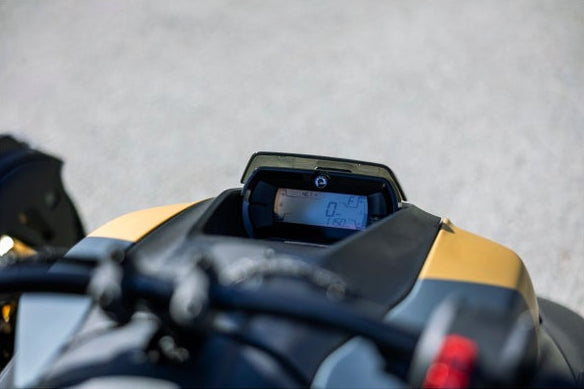 Can-Am Ryker Cluster Relocator in black, mounted digital display above handlebars, close-up view