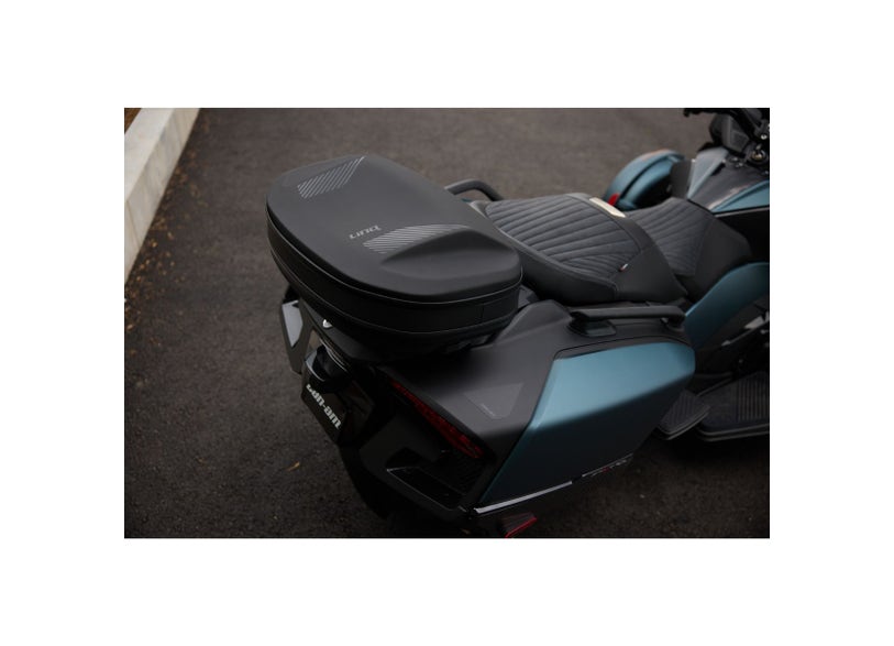 Can-Am LinQ semi-rigid bag mounted on Spyder RT rear, black quilted seat view