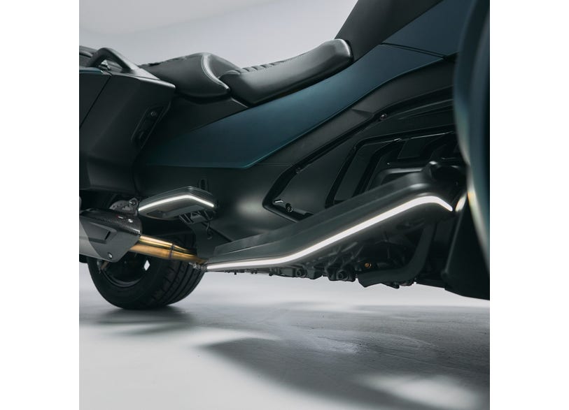Can-Am Spyder RT driver floorboard signature LED lights close-up on 2020 and up model