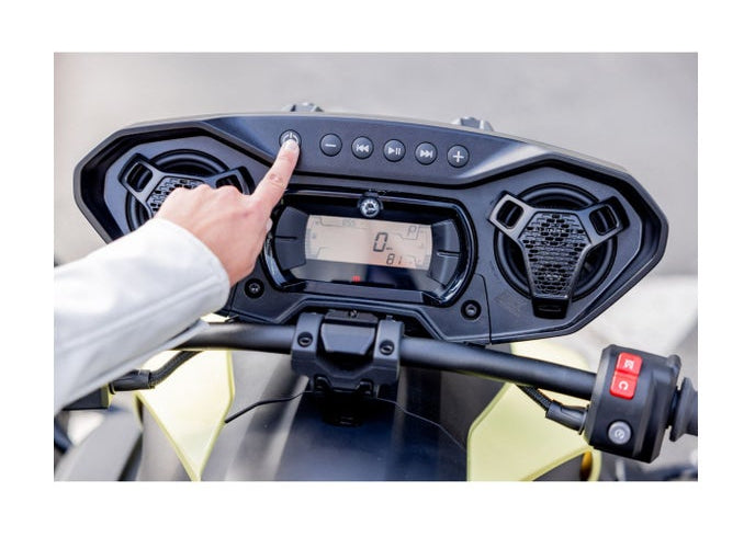 Can-Am Ryker audio system controls with built-in speakers and digital display on handlebar
