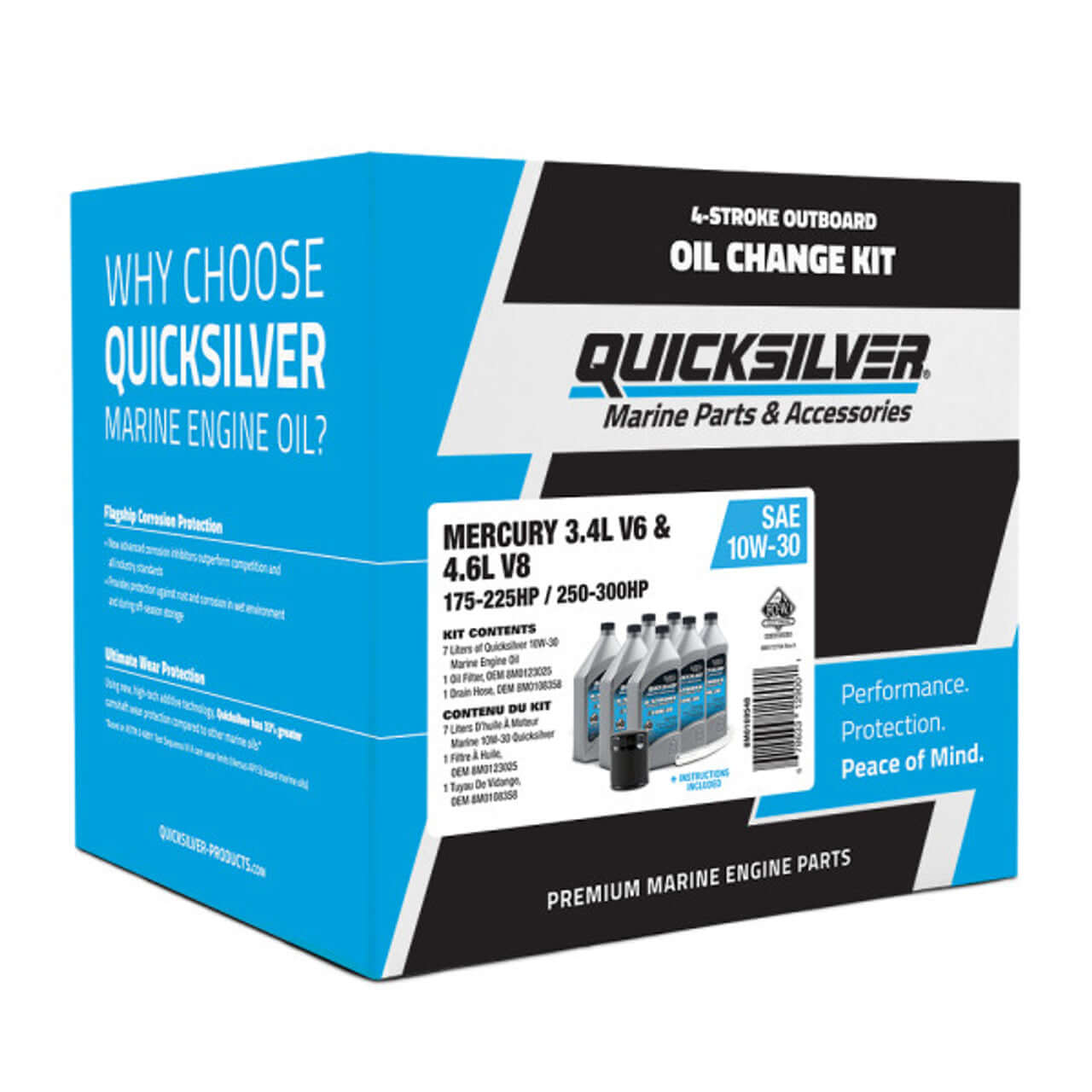 Quicksilver 10W-30 Oil Change Kit for V6/V8 175-300hp 4-Stroke, 6.6 Liters packaging front