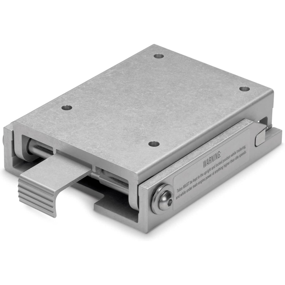 Minn Kota Talon tilt bracket steel mounting plate with locking lever and warning label