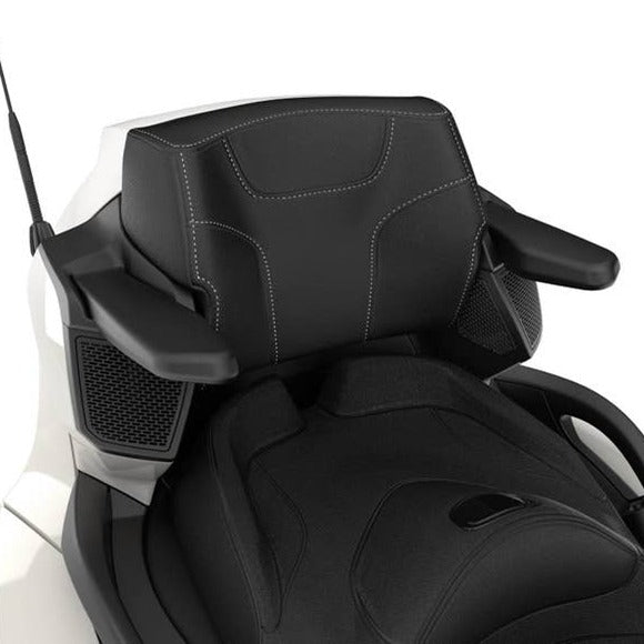Can-Am Spyder passenger backrest with armrests installed, black stitched seat detail