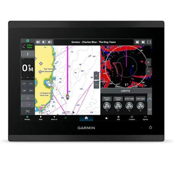 Garmin GPSMAP 9210 10-inch chartplotter display with Navionics+ chart and radar overlay
