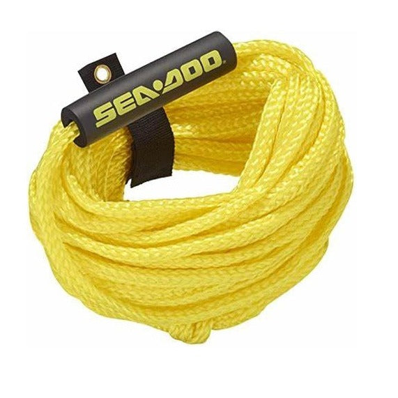 Sea-Doo 60ft towable tube rope coiled yellow with black handle grip, 1-person 1500lb strength
