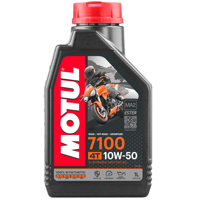 Motul 7100 4T 10W-50 full synthetic motorcycle engine oil 1L bottle front view