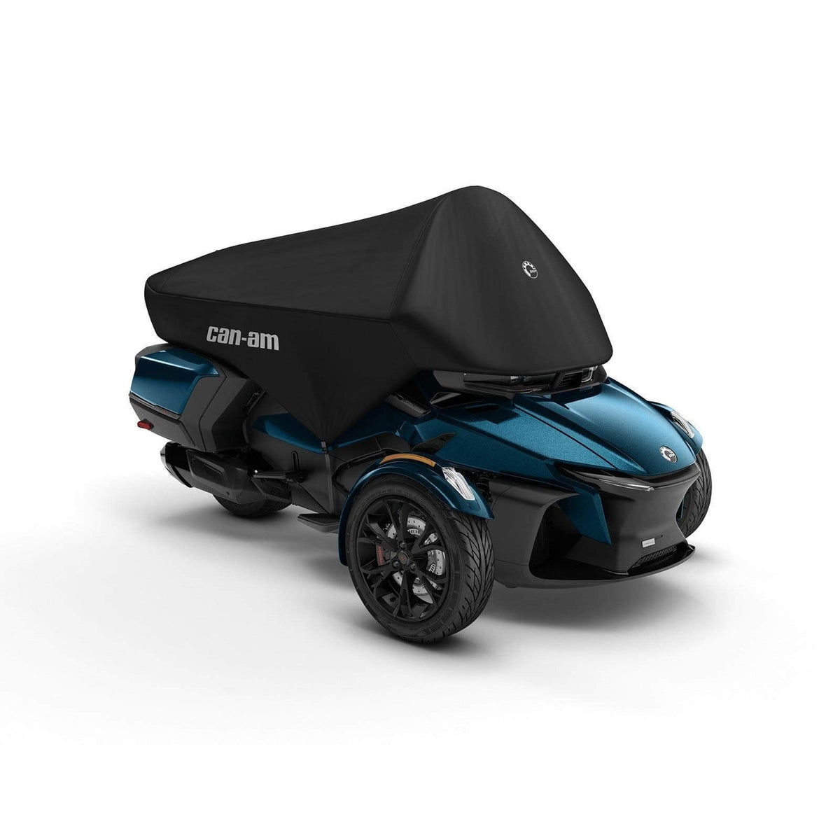 Can-Am Spyder RT three-wheeler with black partial travel cover over seat and top case