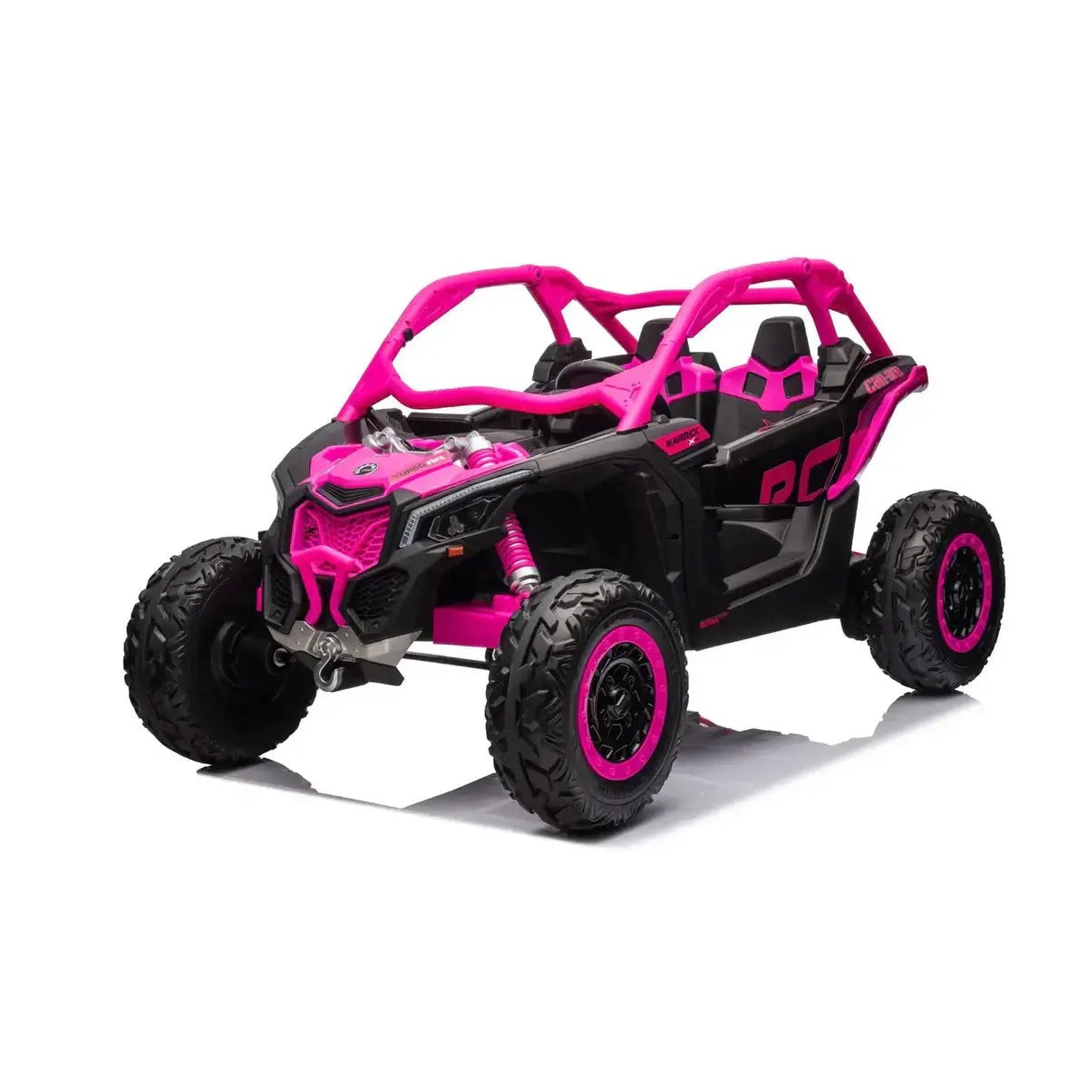 Pink Can-Am Maverick kids 24V ride-on UTV with roll cage and rugged tires front view