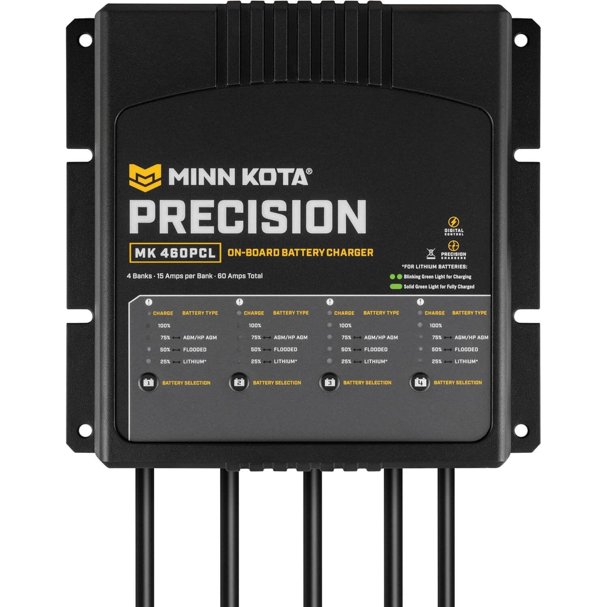 Minn Kota Precision MK 460PCL 4-bank 15-amp on-board marine battery charger front view