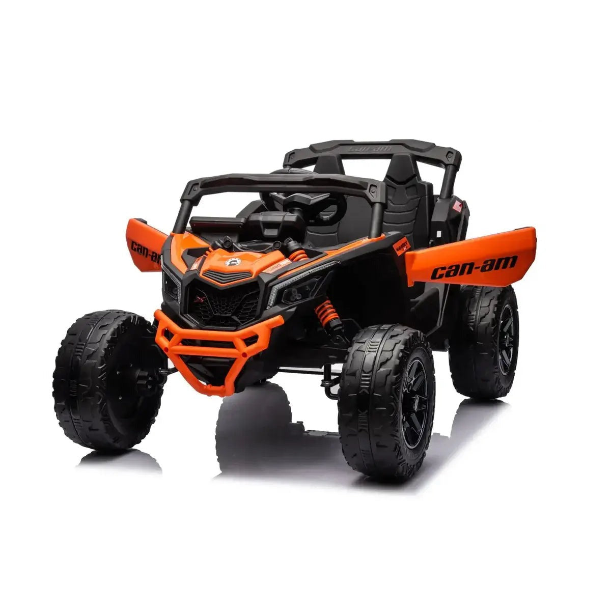 Orange Can-Am Maverick kids electric ride-on UTV toy front angle view