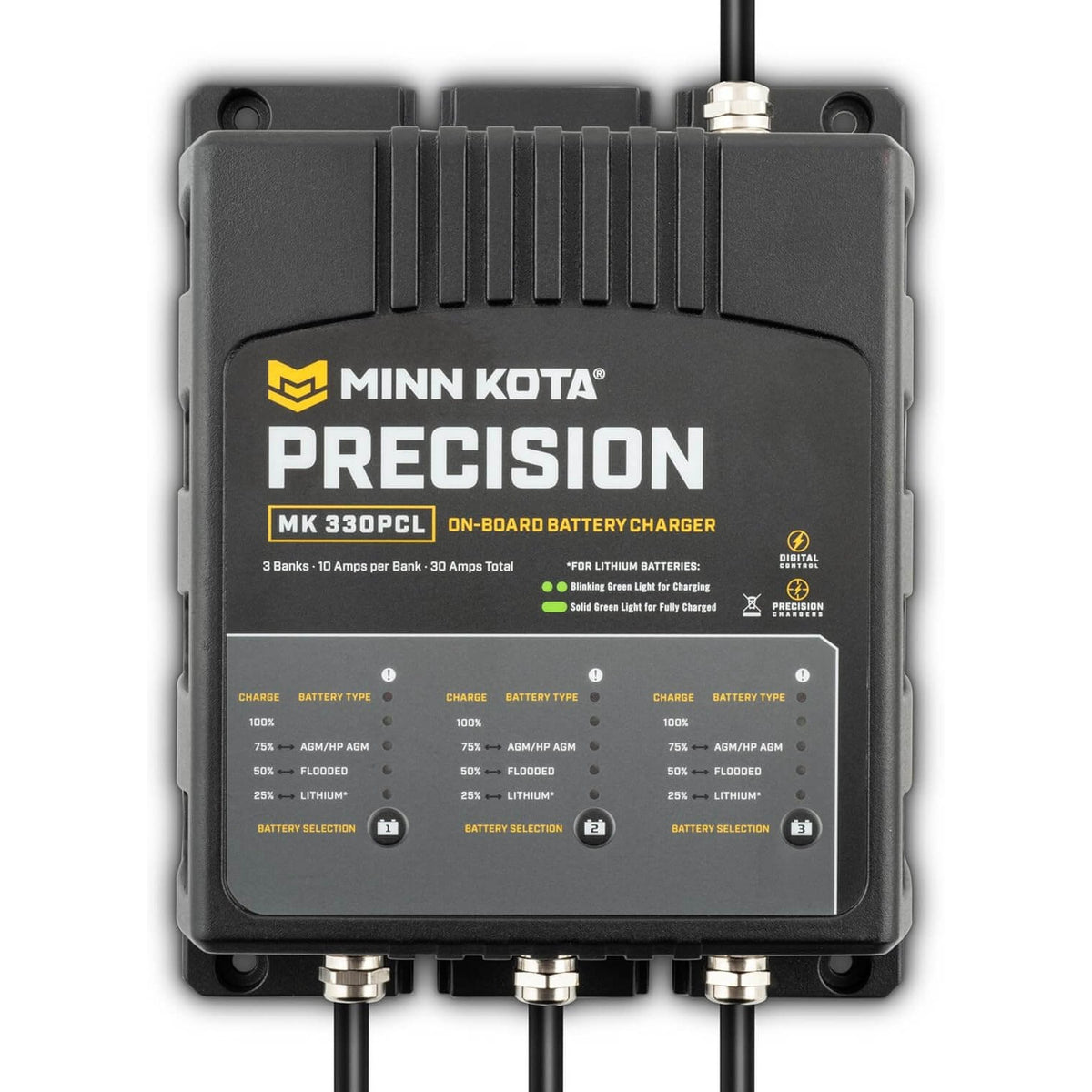 Minn Kota Precision MK 330PCL on-board 3-bank 30A battery charger front view