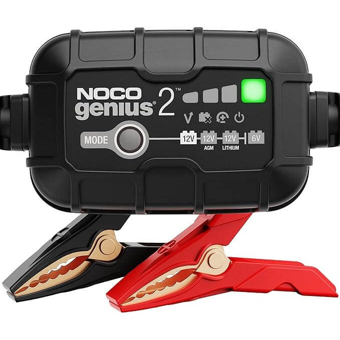 NOCO Genius2 2A 6V 12V smart battery charger with red and black clamps front view