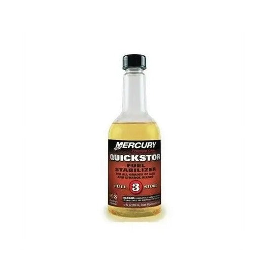 Mercury Quickstor Fuel Stabilizer 12 oz bottle 8M0048212 clear liquid front label