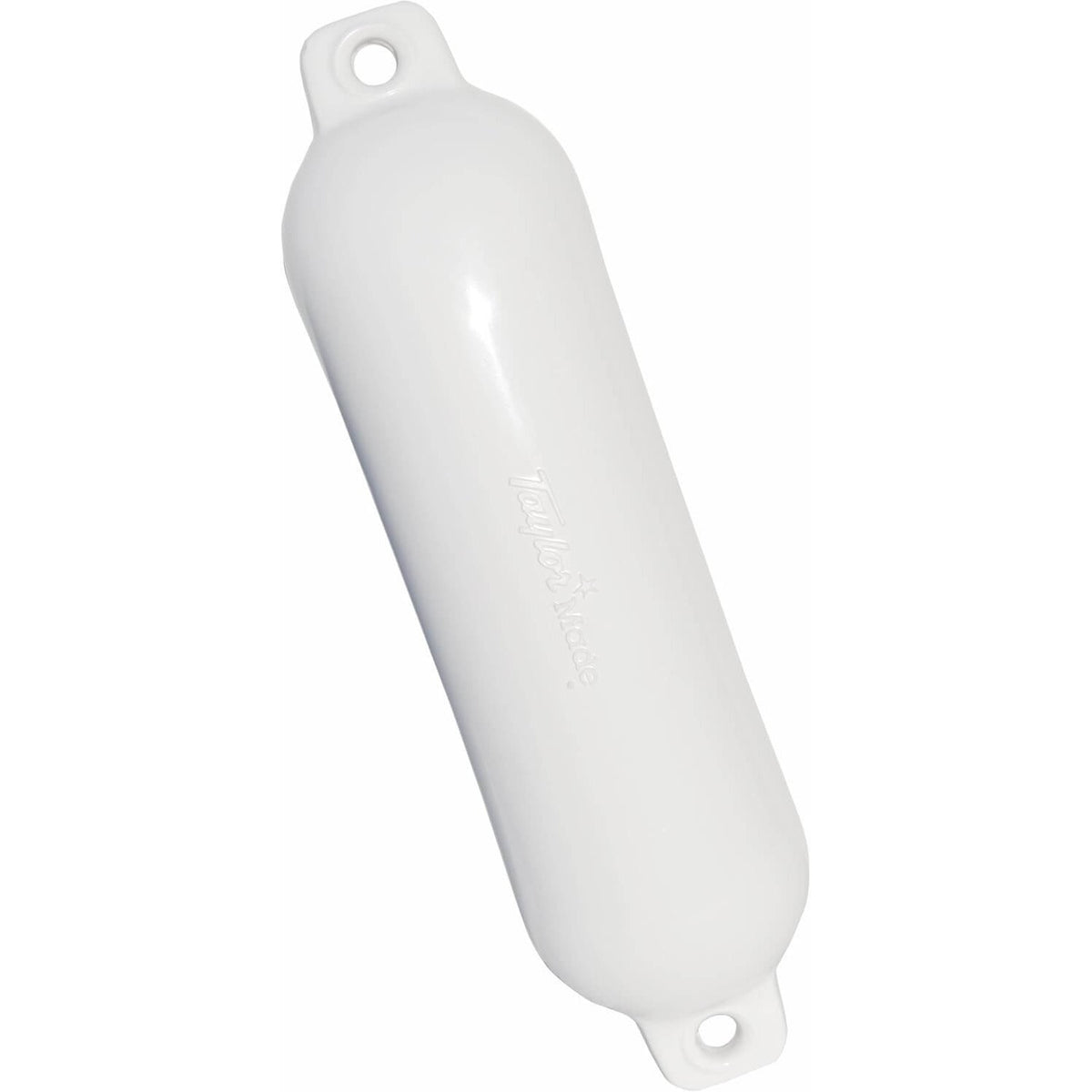White inflatable vinyl boat fender, Taylor Made Hull Guard 4-1/2 x 16 inches, angled view