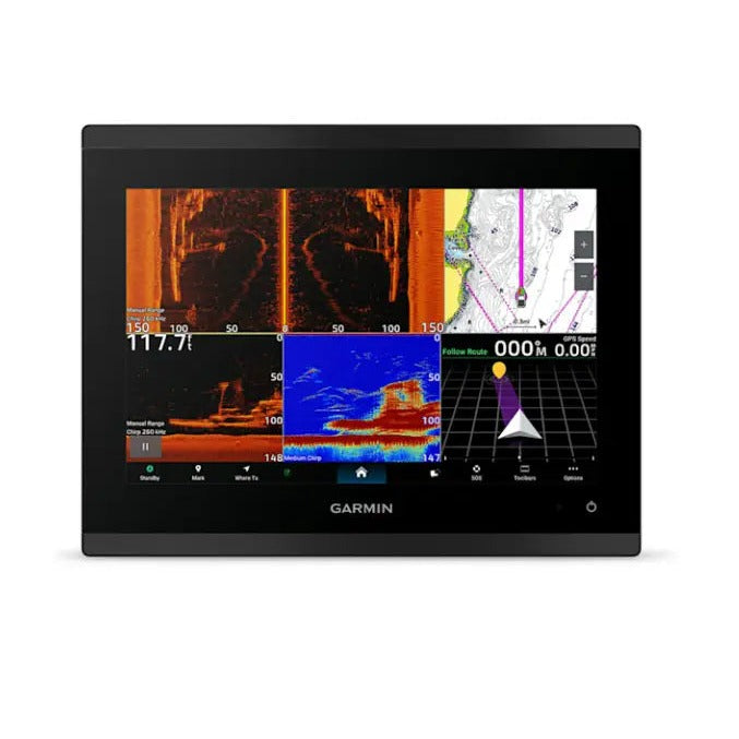 Garmin GPSMAP 9210xsv chartplotter display showing sonar, GPS map, and navigation split-screen
