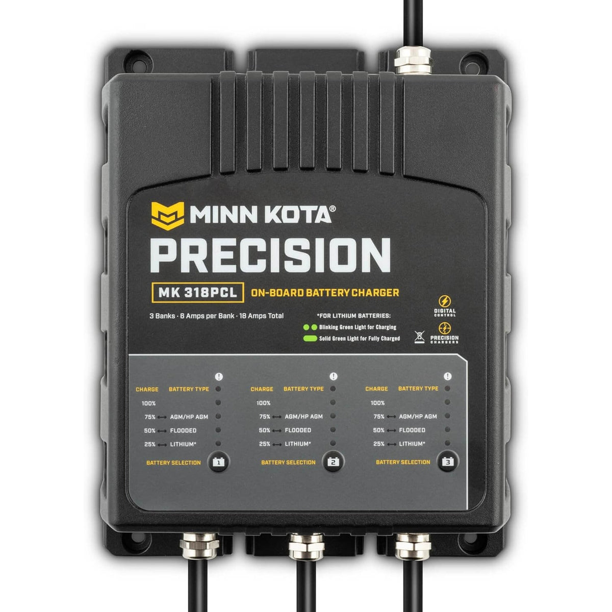 Minn Kota Precision MK 318PCL 3-bank 18A on-board battery charger front view
