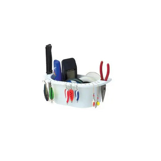 Seachoice white cockpit organizer with suction cups holding fishing tackle and pliers, model 50-79321