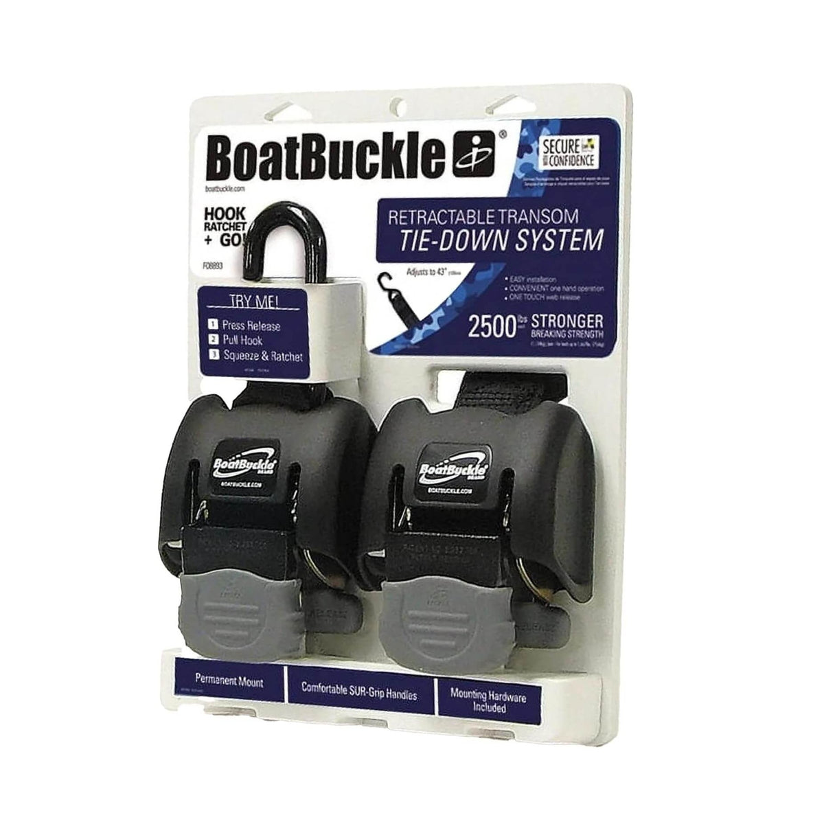 BoatBuckle G2 Sangle de retenue escamotable pour tableau arrière (noire), 1 paire, 2 x 43 pouces | PROMOTION