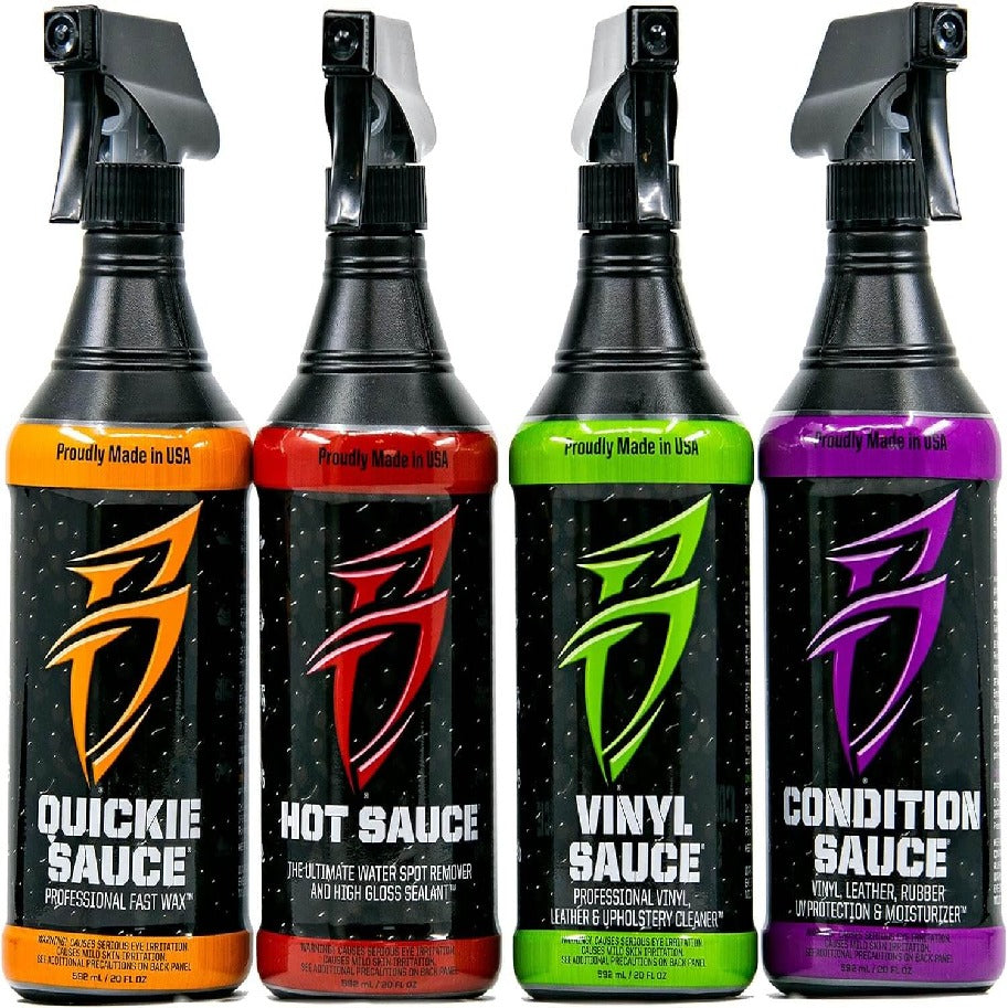 Bling Sauce Cleaning/Detailing Kit 4 Pack Hot Sauce, Quickie Sauce, Vinyl & Condition Sauce, Each 32oz Bottles
