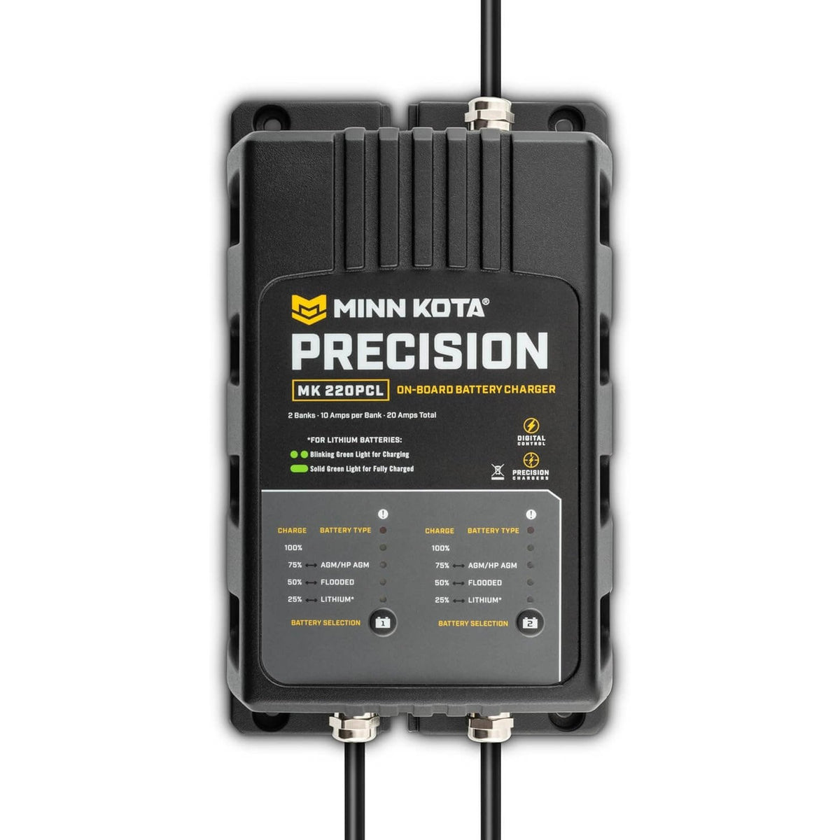 Minn Kota Precision MK 220PCL 2-bank 20A on-board battery charger front view