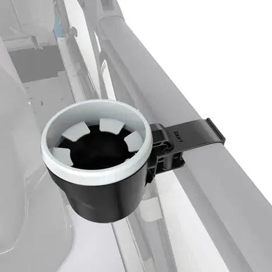 Sea-Doo LinQ Lite Cup Holder mounted on PWC grab bar, black and gray clip-on design