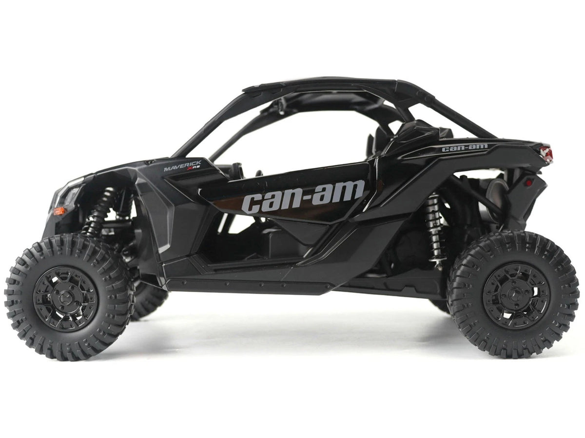 Black Can-Am Maverick X3 X RS Turbo RR 1:12 diecast model side view showing roll cage and tires