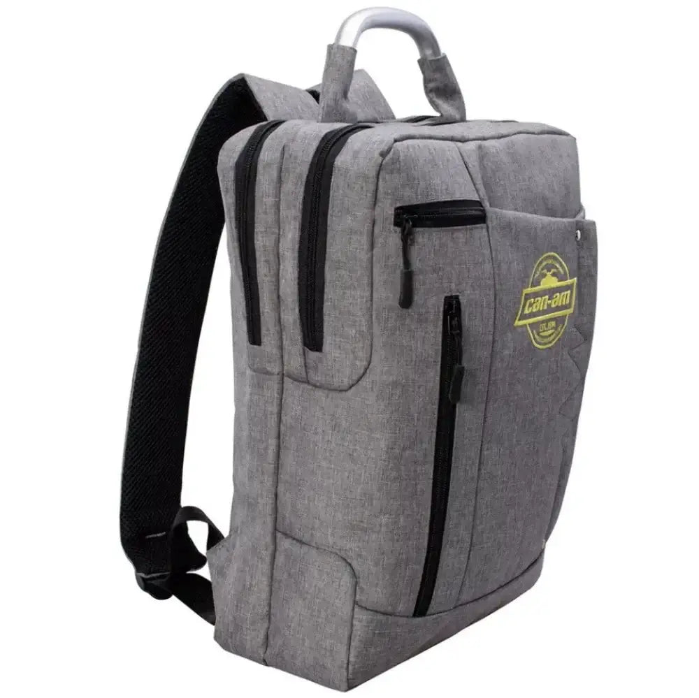 Gray backpack with black straps on a white background