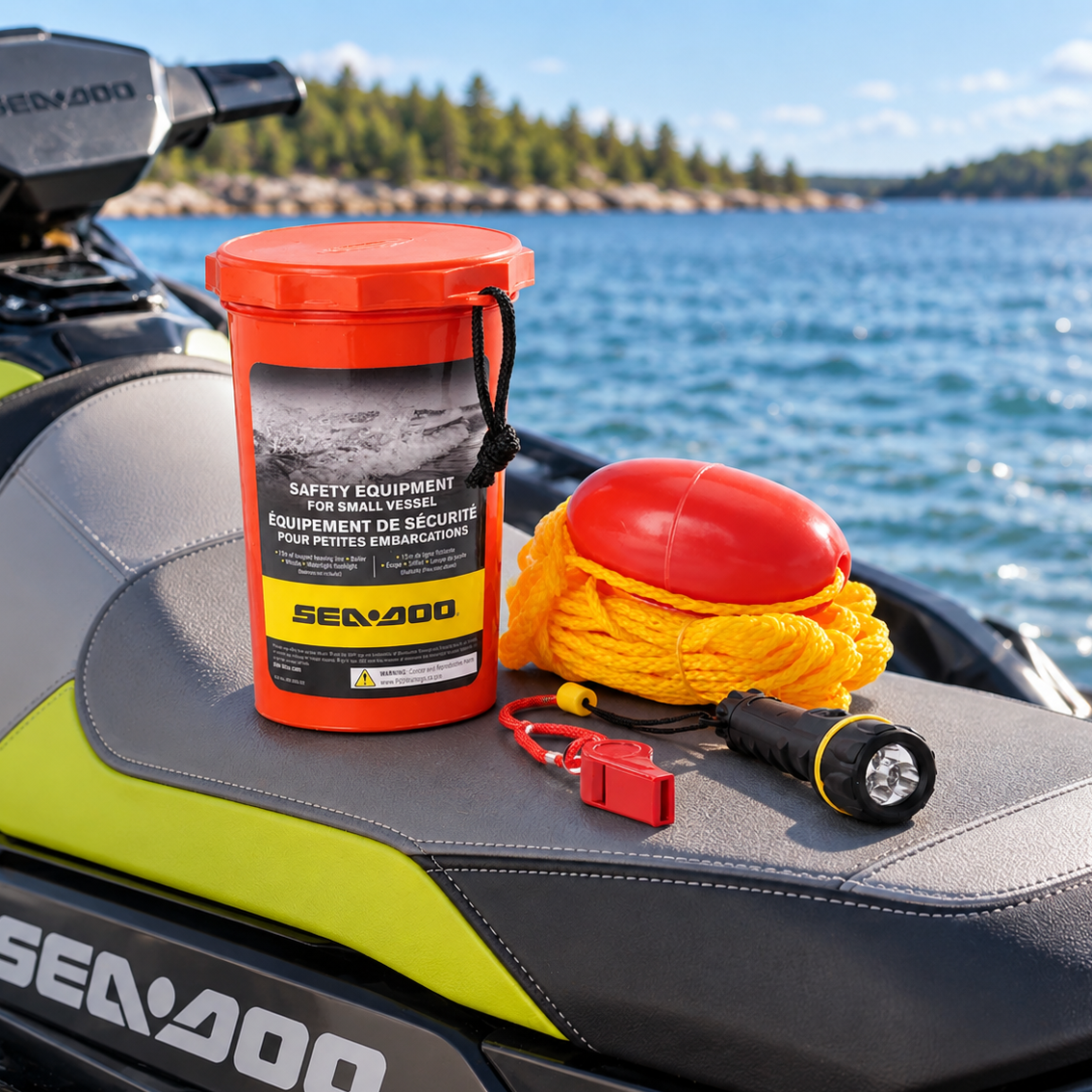 A Sea-Doo safety equipment kit arranged on the seat of a Sea-Doo jet ski, with a red bucket, yellow rope, red buoy, red quick-release buckle, and flashlight, set against a background of water and trees.