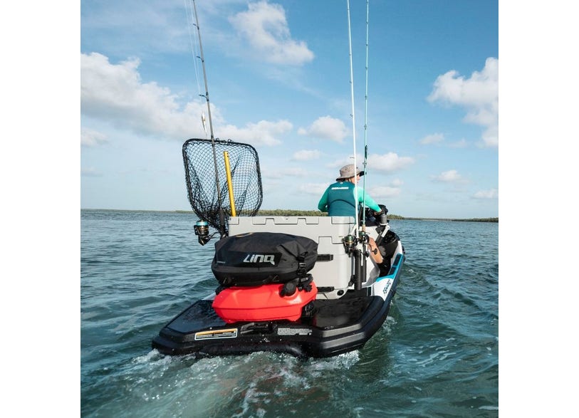LinQ 10.6 gal roll-top black bag mounted on Sea-Doo Fish Pro fishing platform on water