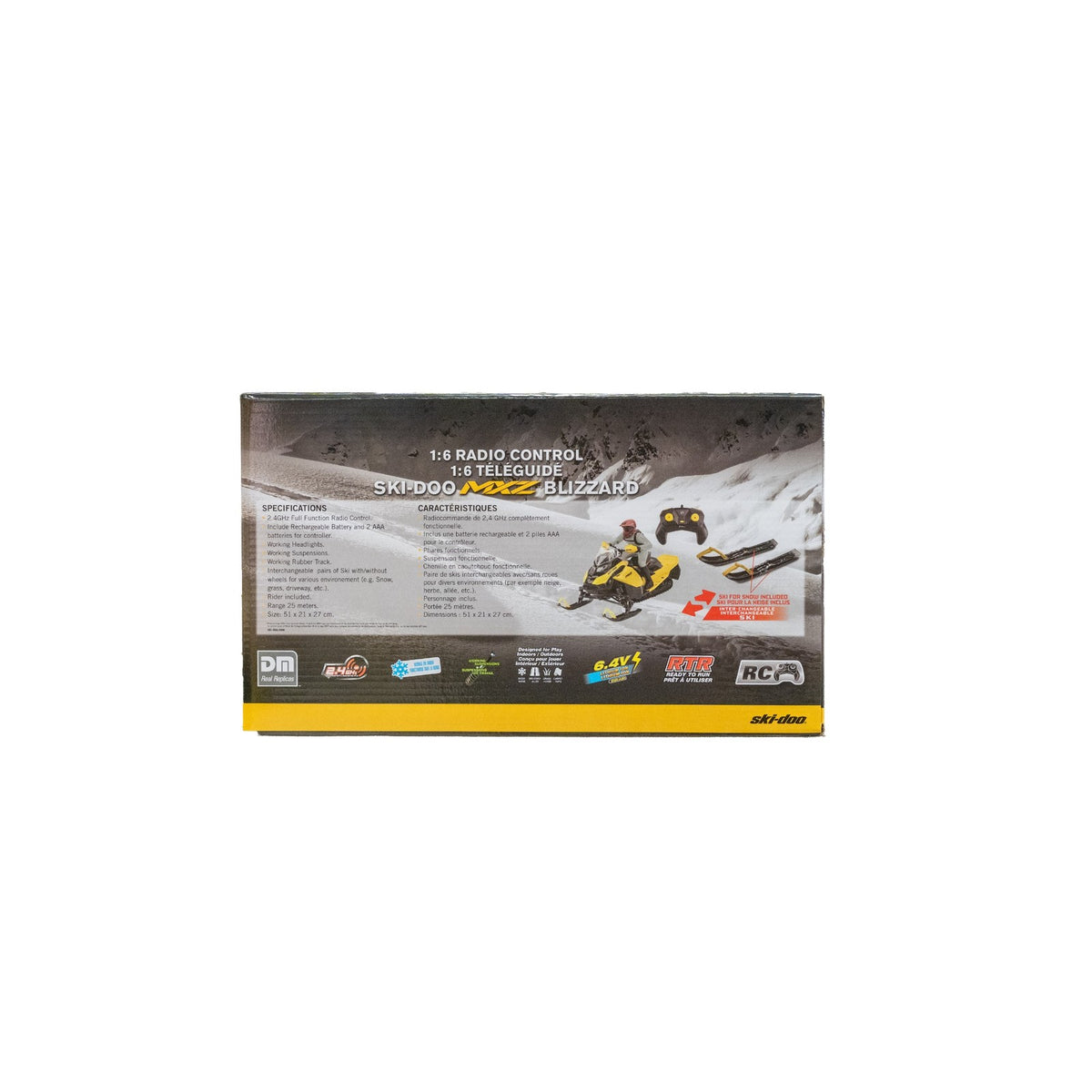 Ski-Doo MXZ Blizzard 1:6 RC snowmobile toy box back showing specs and features, B107590010