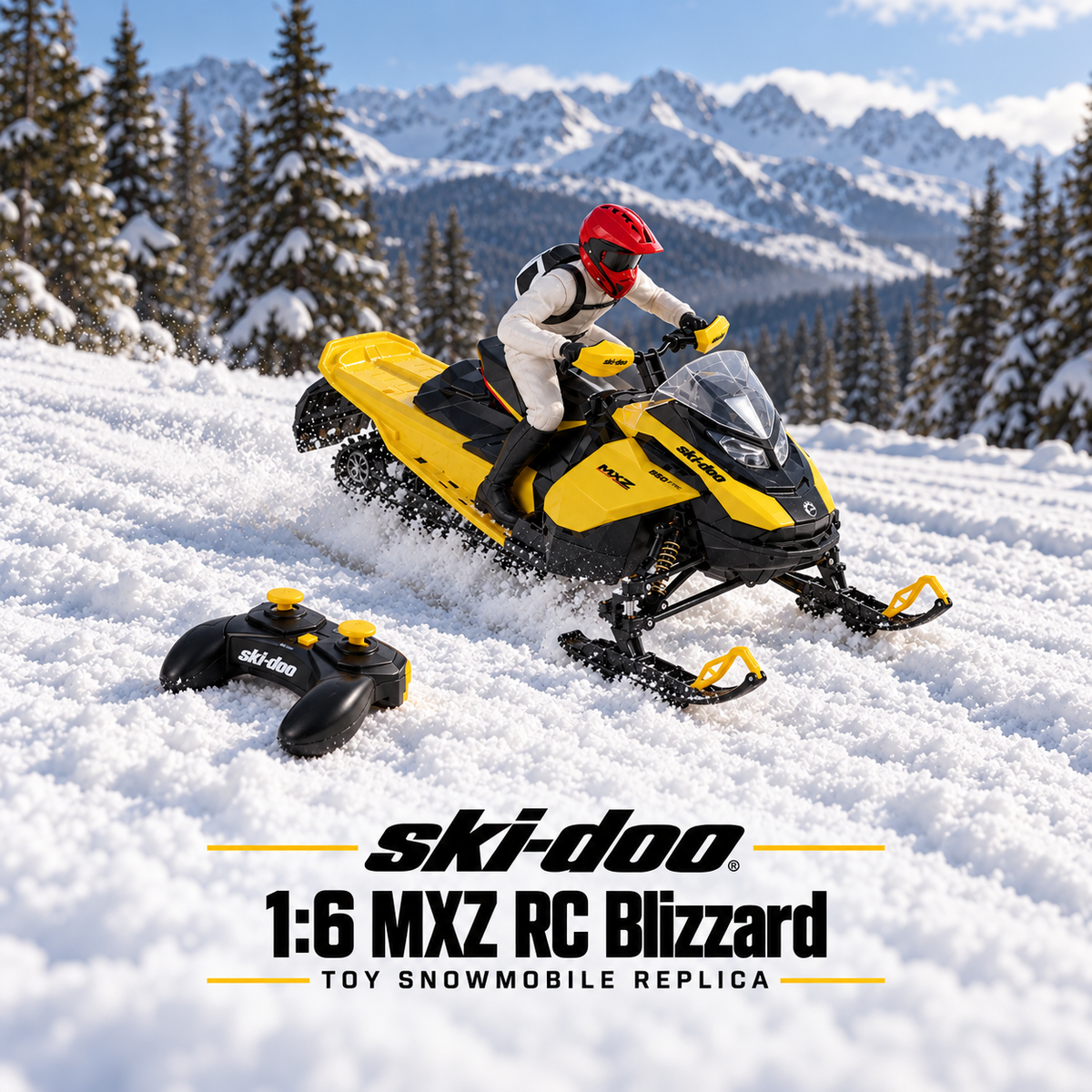 A yellow and black 1:6 scale remote control snowmobile replica, branded 'ski-doo', shown with its controller in a snowy mountain setting. The text overlay at the bottom reads 'ski-doo 1:6 MXZ RC Blizzard TOY SNOWMOBILE REPLICA'.