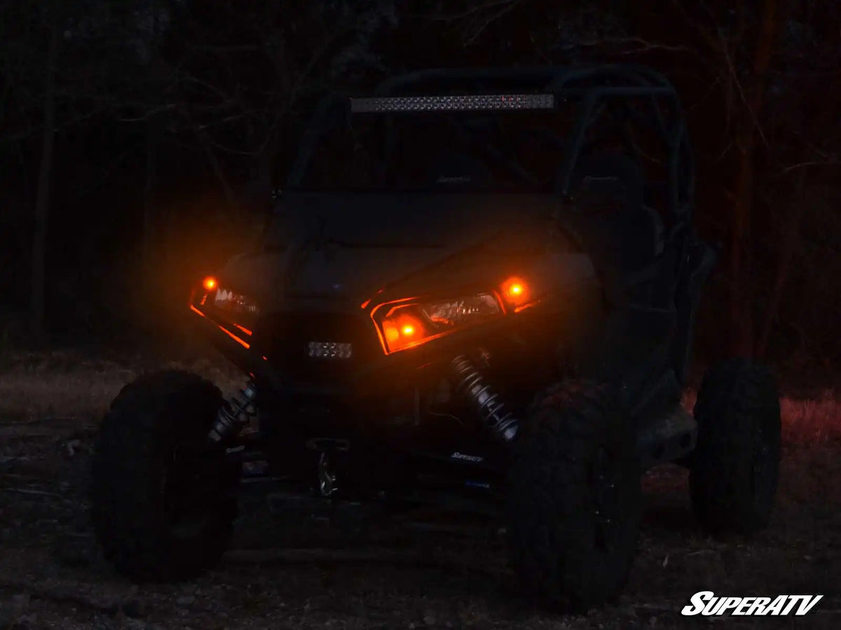 SuperATV Universal Turn Signal Kit, front LED turn signals at night, TSK-003