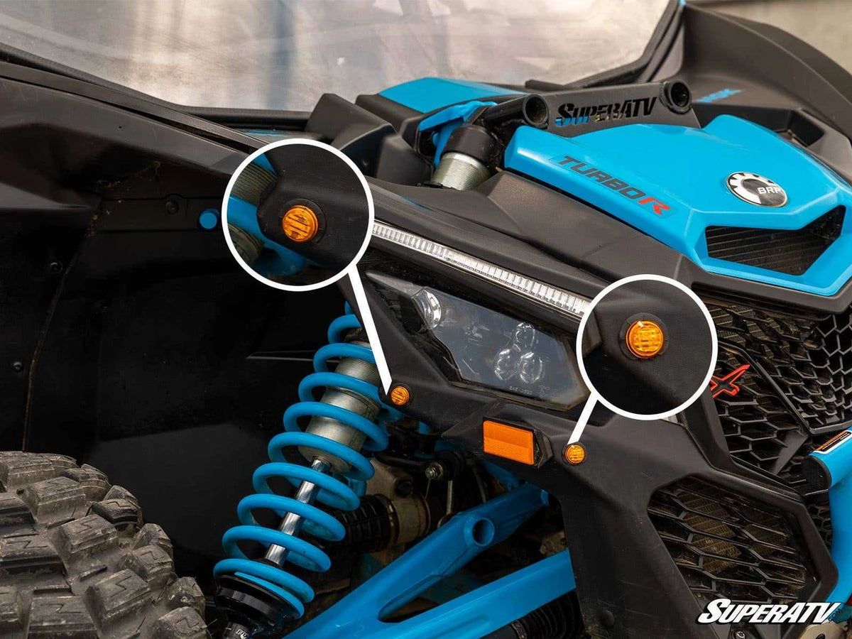 SuperATV Can-Am Maverick X3 Plug & Play Turn Signal Kit, front LED turn signals installed, TSK-CA-X3-003
