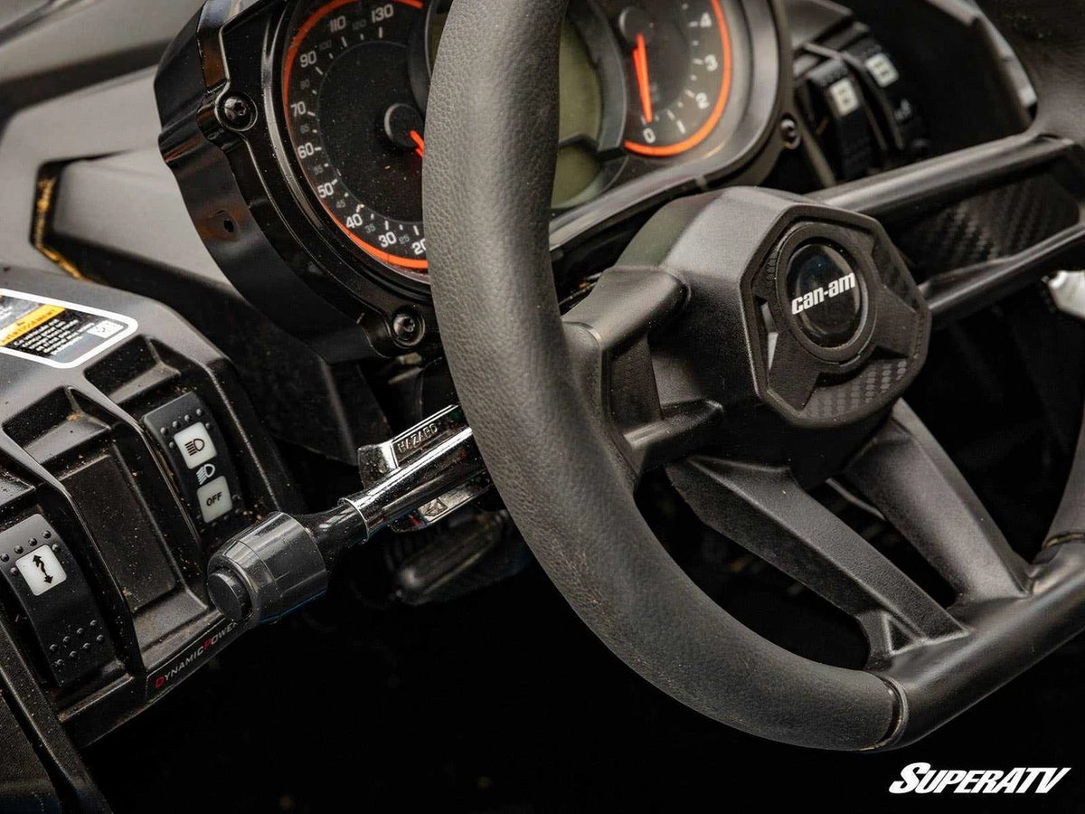 SuperATV Can-Am Maverick X3 Plug & Play Turn Signal Kit, steering column turn signal stalk installed, TSK-CA-X3-003